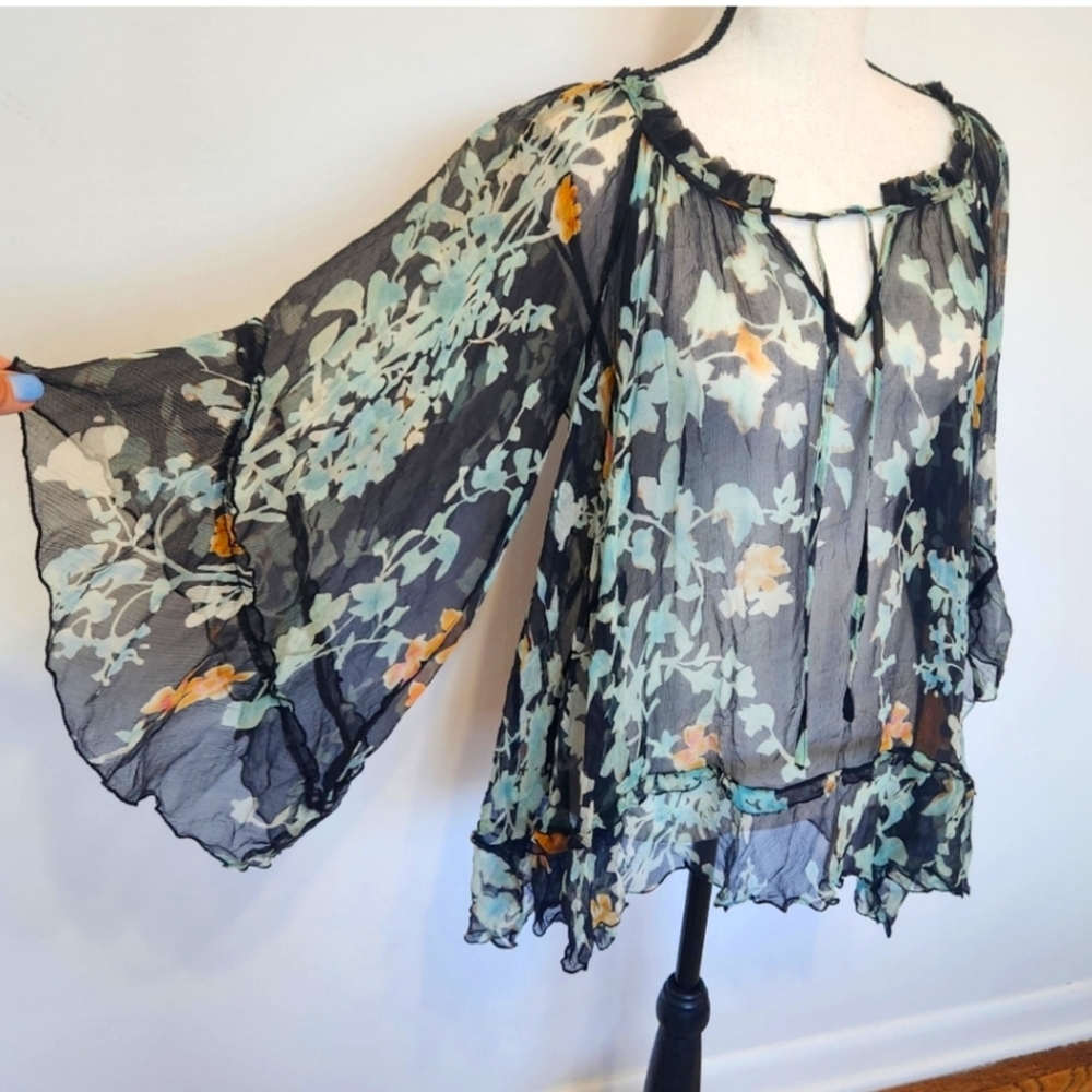 JOHNNY WAS Lindsay Flowy Floral Shear Silk Top Black Teal NWT - Picture 14 of 16